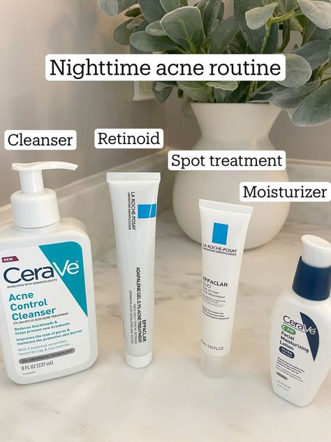 Nighttime acne routine Acne Routine Skincare, Retinol Products, Hair And Skin Vitamins, Acne Routine, Beauty Treatments Skin Care, Haut Routine, Men Skin Care Routine, Skin Care Basics, Face Skin Care Routine