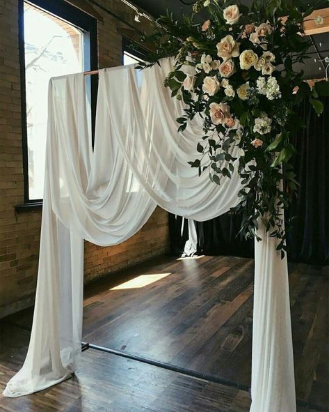 Wedding Ceremony Backdrop Indoor, Wedding Arbors, Greenery Wedding Decor, White Drapery, Rustic Wedding Decorations, Wedding Ceremony Ideas, Indoor Wedding Ceremonies, Centerpieces Diy, Flowers And Greenery