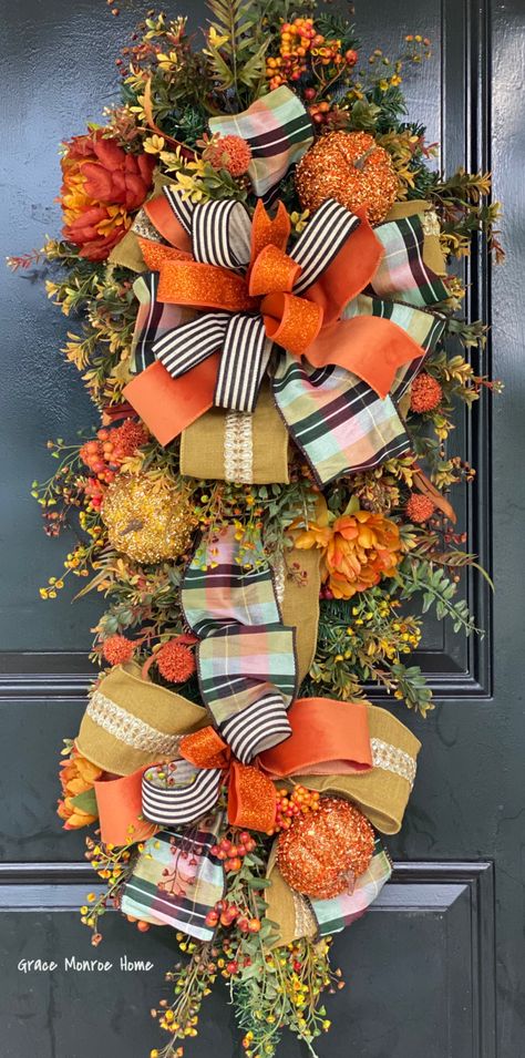 How to Make a Stunning Fall Swag for Your Front Door! Halloween Swags For Front Door Diy, Fall Teardrop Swags, Front Door Swag Ideas, Yard Stick Swag Diy, Yard Stick Wreaths, Fall Swags Diy, Door Swag Diy How To Make, Swag Wreath Diy, Round Fall Door Hangers