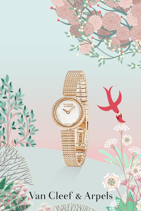 It's almost time to celebrate Mother's Day!… The Perlée watch and its dial in guilloché mother-of-pearl captures light for an intense sparkle! #Perlee #VanCleefArpels #MothersDay Illustrator: Charlotte Gastaut Vancleefarpels Watch, Mothers Day Campaign, Luxury Graphic Design, Jewelry Artwork, Jewelry Product Shots, Fashion Poster Design, Bvlgari Jewelry, Antique Jewellery Designs, Jewelry Illustration