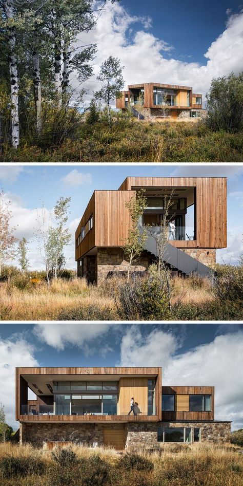 The exterior of this home successfully ties the architecture to the tones and texture of the earthen rock and stained wood. #homeexteriors Residential Building Design, Wood Architecture, Material Palette, Modern Architecture House, Stained Wood, Materials And Textures, Wood Stone, Facade Architecture, Modern Exterior