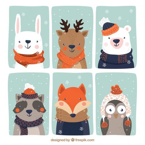 Collection of six beautiful animals with winter clothes. Download thousands of free vectors on Freepik, the finder with more than a million free graphic resources Smiling Animals, Winter Illustration, Christmas Graphics, Winter Animals, Christmas Drawing, E Card, Christmas Illustration, Illustration Inspiration, Colorful Birds