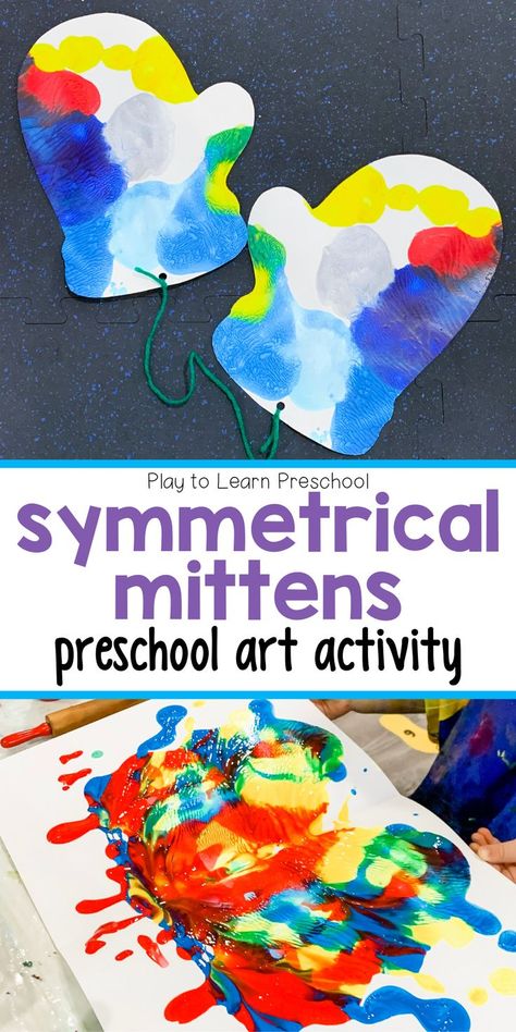 This cozy, symmetrical mitten craft for preschoolers warms students up while they learn about symmetry. The craft activity is simple to set up and even the most reluctant student succeeds. The finished product is a fridge-worthy piece of art that preschoolers can be proud of. #preschoolart #processart #symmetry Mitten Activity Preschool, The Mitten Activities Preschool Craft, The Mitten Toddler Activities, Mitten Craft For Toddlers, January Art For Kindergarten, The Mitten Art Project, January Pre K Crafts, Winter Clothing Art For Toddlers, January Kindergarten Themes