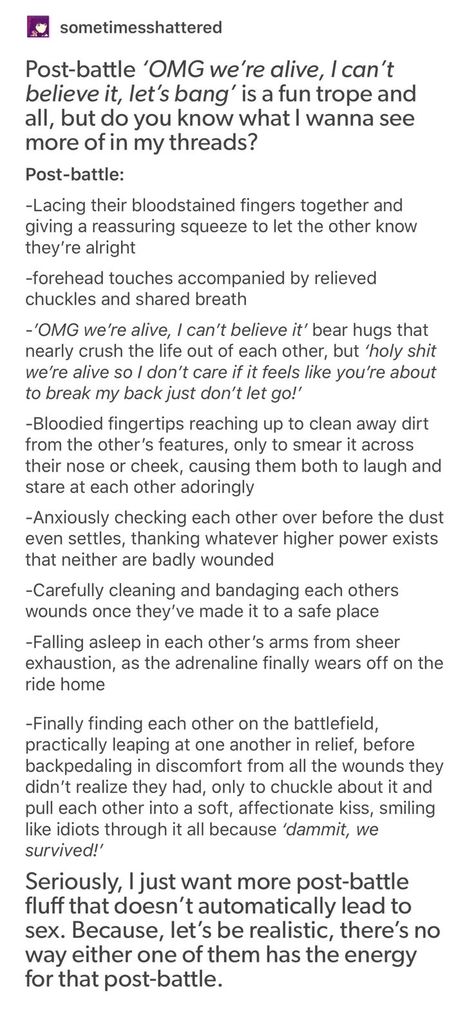 Now imagine your protagonist(s) watching your antagonist get this kind of reunion after a battle. Otp Prompts Tension, Protagonist Writing Tips, Battle Writing Prompts, Character Pet Peeves List, Character Pet Peeves, Cyberpunk Writing Ideas, Building Tension In Writing, Imagine Your Oc Writing Prompts, How To Write A Cold Character