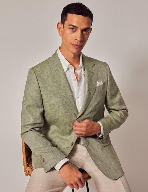 Wedding Guest Outfit Men, Mens Linen Suit, Green Suit Jacket, Green Wedding Suit, Hawes And Curtis, Italian Suit, Linen Men, Linen Suits, Formal Shirt