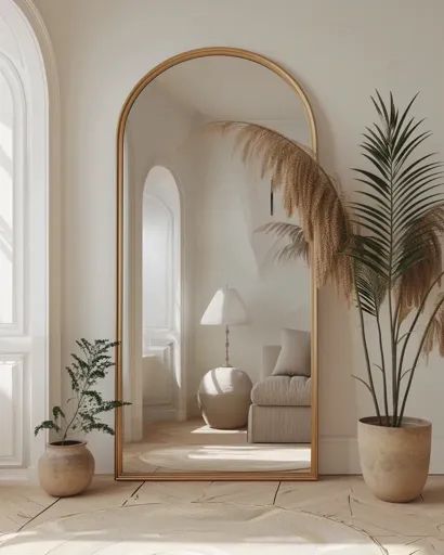 ↑↑↑ Larger size on website 🔸 The image shows a white room with a large arched mirror, a plant in a pot, a rug and a glimpse of a  🔸 From Midjourney AI Image Large Arched Mirror, Plant In A Pot, Arched Mirror, Office Inspo, White Room, Large Plants, Modern Room, Minimalist Modern, Natural Tones