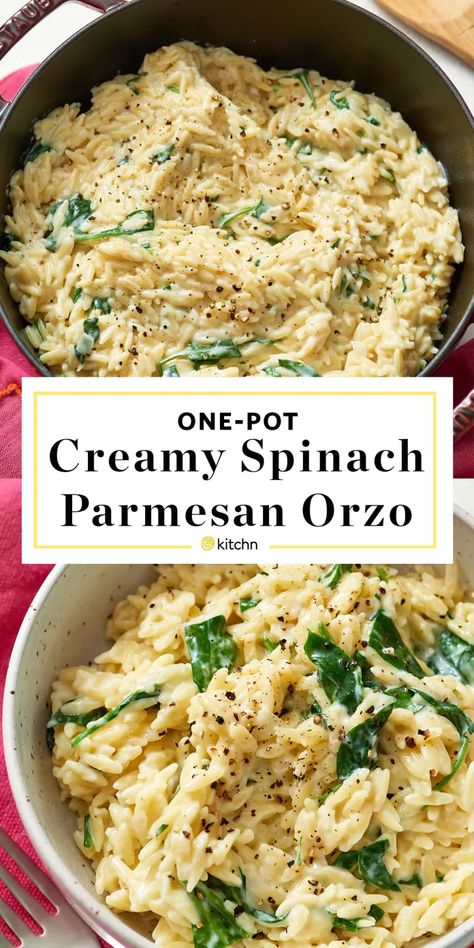 Dinner With Meat And Veggies, Orzo Parmesan Spinach, Instapot No Meat Recipes, Creamy Garlic Orzo Pasta, Dinner Recipes Using Spinach, Orzo Recipes With Spinach, Spinach And Orzo Recipes, One Serving Dinner Recipes, Garlic Parm Orzo