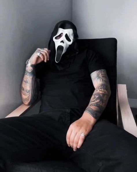 @deactivateddom_ on Instagram: "You want to be in the sequel? . #halloweencostume #halloween #model #horror #guyswithtattoos #tattoo #explorepage #inktober #inked" Tattooed Men Aesthetic, Dark Guy Aesthetic, Ghostface X Michael Myers, Masked Men Aesthetic, Hot Ghost, Scary Man, Goth Guy, Dark Romance Aesthetic, Ghost Face Mask