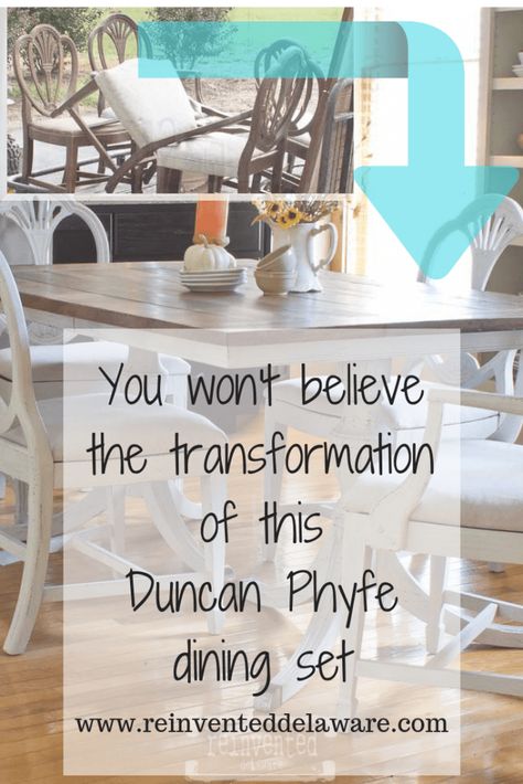 Learn how to transform a broken down Duncan Phyfe dining table and chairs! #repurposedfurniture #paintedfurniture #mmsmilkpaint www.reinventeddelaware.com Duncan Phyfe Table With Modern Chairs, Painted Duncan Phyfe Dining Table, Painted Table And Chairs Ideas, Chalk Painted Dining Table And Chairs, Duncan Phyfe Table Makeover, Cottage Dining Room Ideas, Duncan Phyfe Chairs, Duncan Phyfe Table, Dining Set Makeover