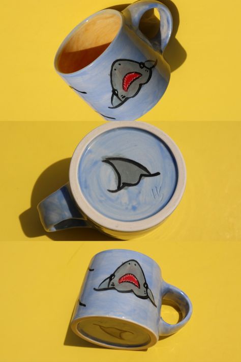 Pottery Painting Ideas Shark, Shark Pottery Painting, Shark Pottery, Ceramic Shark, Shark Mug, Painting Pottery, Diy Pottery Painting, Color Me Mine, Hand Painted Mugs