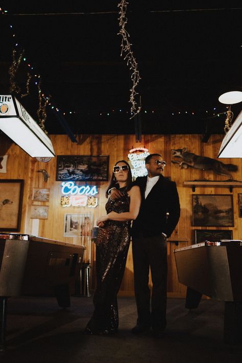 70s Aesthetic Couple, Retro Inspired Engagement Photos, Dive Bar Engagement Pictures, Dive Bar Couple Photoshoot, Engagement Photos Dive Bar, Bar Photoshoot Ideas Couple, Dive Bar Photoshoot, Edgy Engagement Photos, Bar Couple Photoshoot