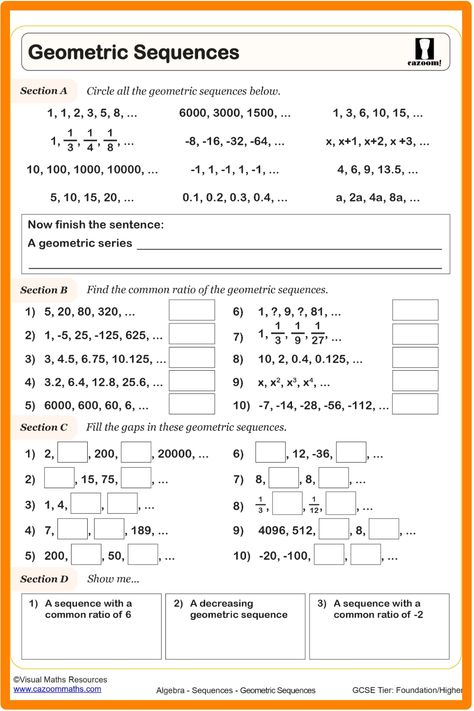 Geometric Sequences Worksheet Math Worksheets For High School, Geometric Sequences Activity, Year 9 Maths Worksheets, Geometric Sequence, 9th Grade Math, High School Classrooms, Geometric Sequences, Arithmetic Sequences, Sequence And Series