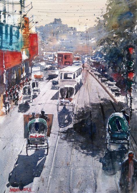 Dhaka City, Watercolor City, Rain Painting, Tiger Painting, After Rain, Art Album, City Drawing, City Painting, Watercolor Landscape Paintings