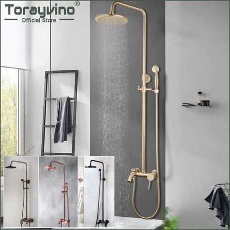 Torayvino Best Quality Bathroom Shower Faucet Set Round Rainfall Shower Head Handshower Wall Mounted Combo Kit Mixer Tap|Shower Faucets| - AliExpress Outdoor Shower Kits, Gold Bad, Bathroom Shower Faucets, Fixed Shower Head, Bath Shower Mixer Taps, Shower Faucet Sets, Bath Shower Mixer, Gold Bathroom, Rainfall Shower Head