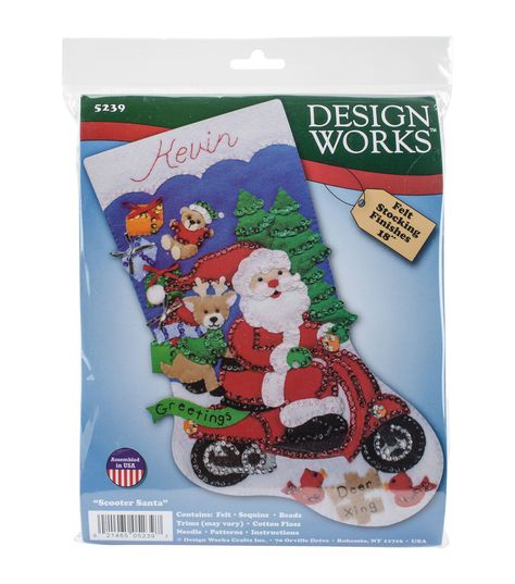 Design Works 18'' Felt Stocking Applique Kit - Scooter Santa Felt Stocking Kit, Christmas Stocking Kits, Felt Ornaments Patterns, Felt Christmas Stockings, Needlework Shops, Felt Stocking, Santa Stocking, Motor Cycle, Applique Kit