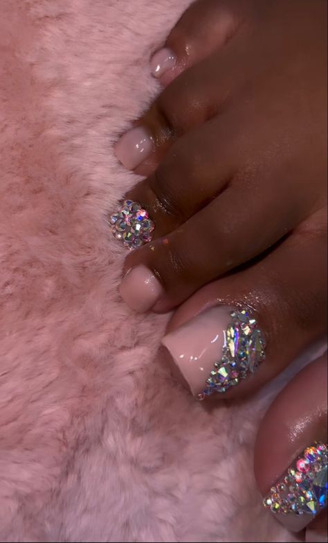 Rhinestone Toes Designs, November Toe Nail Colors, Glitter French Tip Toes, Pink And White Pedicure, Diamond Toes Nails, White Toes With Rhinestones, Rhinestone Toenails, Nail October, Big Toe Nail Designs