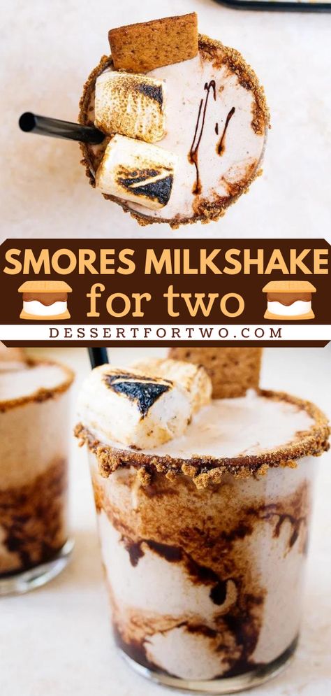 A homemade milkshake in 20 minutes! This chocolate dessert for two starts with vanilla ice cream. Complete with graham crackers, marshmallows, and chocolate sauce, this s'mores milkshake recipe is a delightful summer drink idea! S’mores Smoothie, S’mores Milkshake, Cool Milkshakes, Smores Shake, Homemade Milkshake Recipe, Milkshake Ideas, Vanilla Milkshake Recipe, Malt Recipe, Boozy Shakes