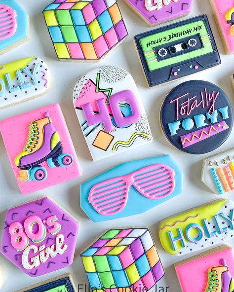 She’s just an 80’s kind of girl! This was my first crack at a retro 80’s set and I’m here for it! I was so excited to use these neon glow… | Instagram 40th Bday Ideas, 80s Birthday Parties, Ring Pops, 90s Theme Party, Cookie Decorations, Cookies Birthday, 80s Theme, Dark Colours, Barbie Birthday