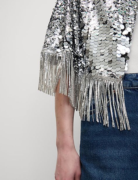 Sparkly Cape | SILVER | Tops | M&S AU Sequin Cape, All Weather Boots, Silver Tops, Mint Velvet, Winter Coats Jackets, Denim Coat, Denim Outfit, Trending Now, Marks And Spencer