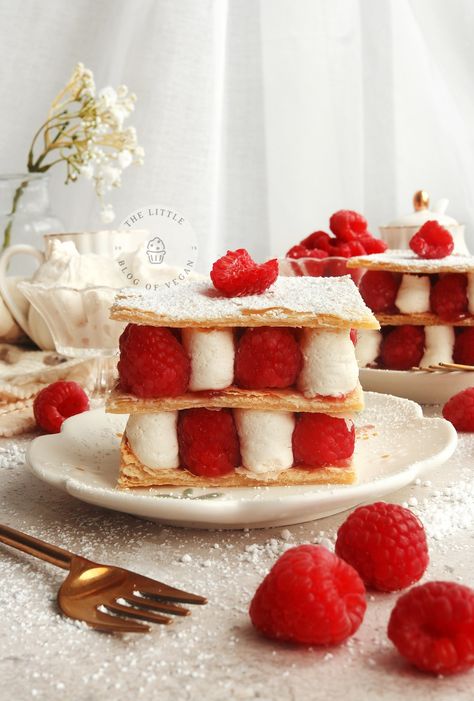 Raspberry mille-feuille pastry on a plate with icing sugar. Dairy Free Cream, Fresh Raspberries, French Dessert, French Desserts, Pastry Sheets, Icing Sugar, Cream Puffs, Raspberry Jam, 5 Ingredient