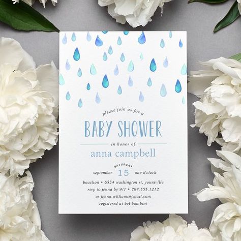 Blue Raindrops | Baby Shower Invitation for $2.92 - Baby Shower Invitations Rain Themed Baby Shower Ideas, Raindrop Baby Shower, Rain Baby Showers, Spring Baby Shower Invitations, Baby Boy Quotes, Blue Baby Shower Invitations, Watercolor Baby Shower, Spring Baby Shower, Lapis Blue