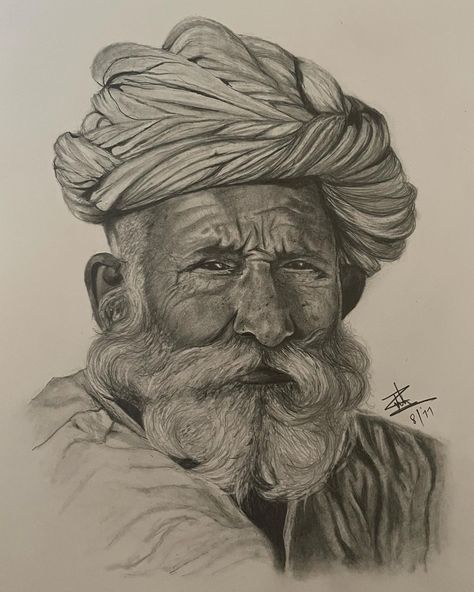 A graphite portrait sketch of an old Rajasthani Man. Rajasthani Art Pencil Sketch, Rajasthani Sketch, Ajanta Paintings, Old Man Sketch, Graphite Portrait, Old Man Portrait, Bull Painting, Rajasthani Art, Afro Men