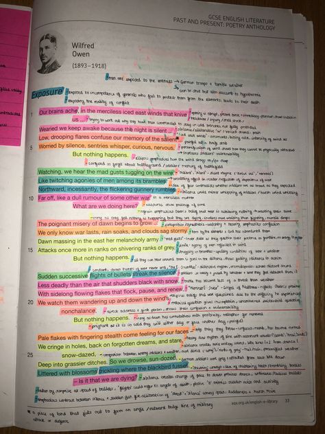 Power and Conflict Poems - Exposure by Wilfred Owen pt. 1 Exposure Annotated Poem, Exposure Wilfred Owen Analysis, How To Annotate Poems, Exposure Poem Annotations, Exposure Poem Analysis Gcse, Exposure Annotations, English Annotation, Exposure Poem Analysis, Exposure Analysis