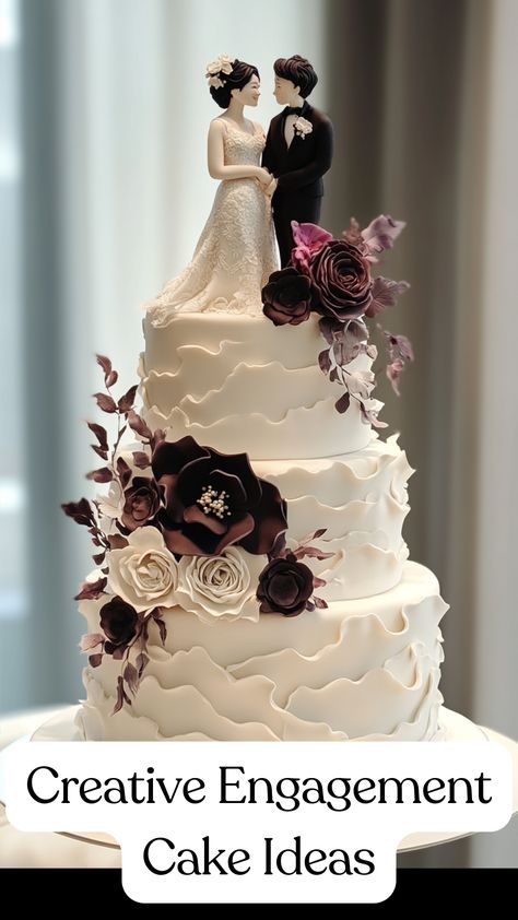 Creative engagement cake with elegant tiered design featuring unique decorations and playful cake topper for a memorable celebration Cake For Engagement Unique, Cake Ideas For Engagement, Roka Ceremony Cake Design, Engagement Cakes Elegant, Engagement Cake Designs Simple, Cake For Engagement Party, Engagement Party Cake Ideas, Engagement Cakes Ideas, Engagement Cake Ideas Elegant