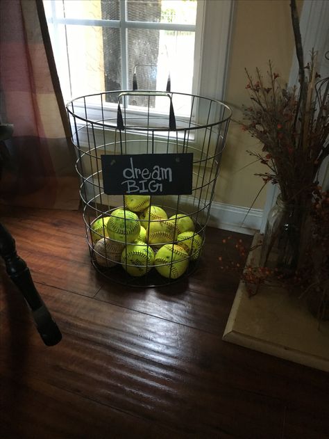 Softball Homerun Ball Display, Softball Game Ball Display, Homerun Ball Display, Softball Trophy Display Ideas, Softball Display Ideas, Softball Bedroom Ideas, Softball Bedroom Decor, Softball Room Ideas, Baseball Theme Bedroom