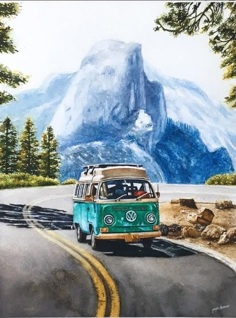 Images Pop Art, Bus Art, Watercolor Travel, Inktober 2024, Vw Art, Travel Painting, 수채화 그림, Nature Art Painting, Amazing Art Painting