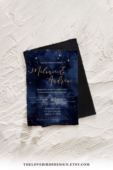 Blue Debut Invitation Card, Midnight Blue Debut Theme, Galaxy Wedding Invitations, Midnight Blue Wedding Invitation, Black And Blue Wedding Invitations, Magical Wedding Invitations, Royal Blue And Gold Invitations, Midnight Blue Invitation, Midnight Blue And Gold Wedding