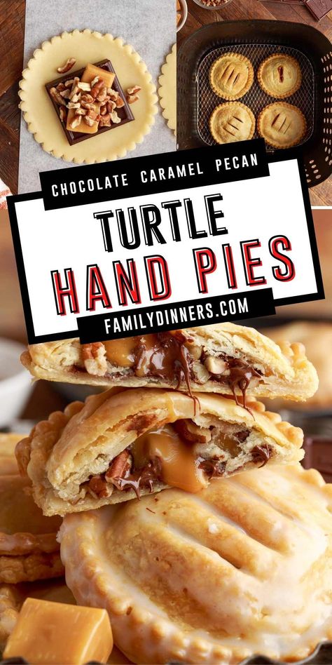 Deliciously sweet, small pie filled with chocolate, caramel and pecans. These air fryer hand pies (turnovers) and mini pastries air fried to flaky perfection and brushed with a delicious glaze. These small pies are great for parties or any occasion that requires chocolate dessert! Pecan Pie Fried Pies, Handheld Pie Recipes, Handheld Desserts Parties, Carmel Apple Hand Pies Recipe, Personal Pie Recipes, Deep Fried Pies, Air Fryer Hand Pie Recipes, Dessert Hand Pies, Hand Pie Filling Recipes