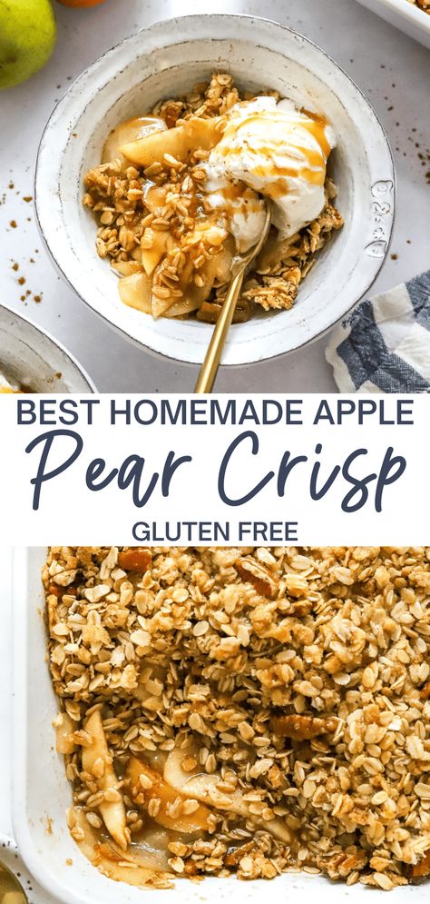 This is literally the best homemade apple pear crisp. Delicious sweet apples and pears mixed with brown sugar and cinnamon, topped with a gluten-free walnut oat crumble that is so good you could eat it all by itself! A super easy and healthy crisp recipe that is a sweet treat the whole family will go crazy for! Healthy Pear Crumble, Healthy Pear Crisp With Oats, Healthy Pear Crisp, Gf Pear Recipes, Keto Pear Dessert Recipes, Easy Pear Crisp, Pear Crisp Recipe, Healthy Crisp, Pear Crumble Recipe