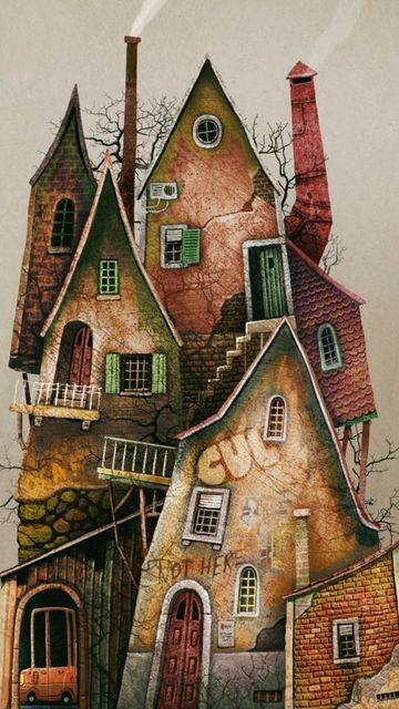 Old House Illustration, Art House Drawing, House Art Drawing, Apartment Drawing, Story Book House, Francisco Fonseca, Drawing Buildings, Watercolor Houses, House Drawings