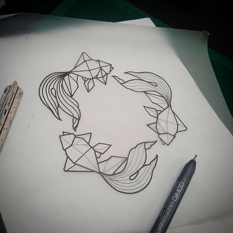 @hiromi.tattoo, illustration, geometric, fish drawing, tattoo, tattooer, lines, pen drawing Fish Drawing Abstract, Geometric Fish Drawing, Geometric Fish Tattoo, Abstract Fish Drawing, Fish Line Drawing, Origami Painting, Origami Koi Fish, Sea Life Tattoos, Geometric Fish