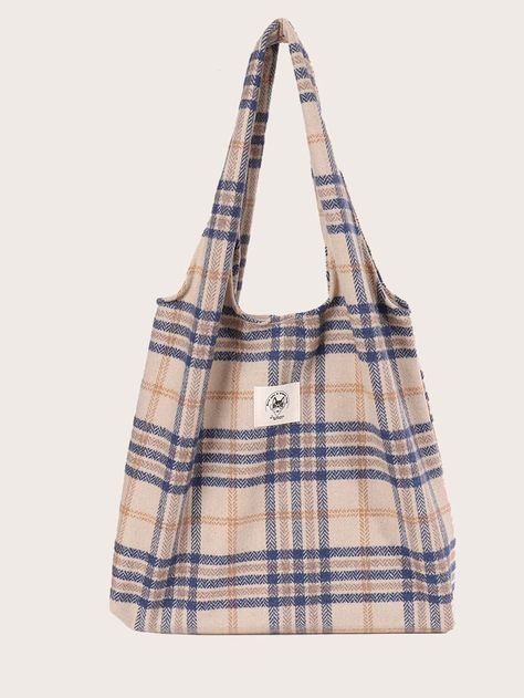 Plaid Tote Bag Tote Bag Diy Pattern, School Middle School, Plaid Purse, Plaid Tote Bag, Plaid Tote, Diy Bag Designs, Daily Bag, Bags For Teens, Diy Tote Bag