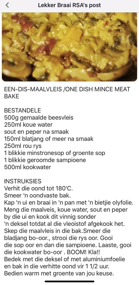 Ontbyt Geregte, Aandete Resepte, Maalvleis Geregte, Eenskottel Geregte, Minced Beef Recipes Easy, Vleis Geregte, Afrikaans Recipes, Vinnige Nagereg Resepte, Maklike Resepte