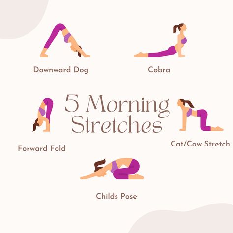 Infographic showing 5 yoga stretches you can do every morning for a total of 5 minutes to loosen and relax your muscles. Easy Morning Workout, Morning Stretches Routine, Quick Morning Workout, Morning Stretch, Bolesti Chrbta, Morning Yoga Routine, Morning Stretches, Swollen Legs, Daily Yoga Workout