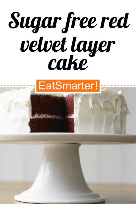 Ohne raffinierten Zucker: Sugar free red velvet layer cake - with cream cheese frosting - 721 kcal - simple dish - A recipe idea by EAT SMARTER | Baking, Cake, Layer Cake, Birthday Cake, Chocolate Cake, North America, American, What to Cook on Sunday?, What to Cook on the Weekend?, Cooking on vacation, Fun Food, cooking for kids, Cake for Children, Children's Party, Family friendly, Party, Sweet, Sunday cooking, Vintage, dessert #sugarfreecake #recipes Coconut Flour Red Velvet Cake, Sugar Free Red Velvet Cake Recipe, Protein Red Velvet Cake, Healthy Red Velvet Cake, Red Velvet Keto Cake, Cake For Children, Red Velvet Layer Cake, Cooking Vintage, Sunday Cooking