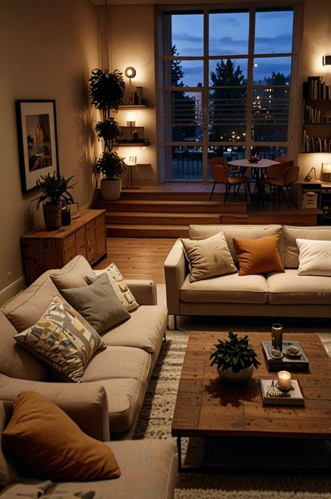 Cozy Elevated Living Room, Living Room With Three Windows, Little Apartment Aesthetic Living Room, Living Room Light Brown Couch, Cozy Minimalist Living Room Small Spaces, Cozy Apartment Living Room Ideas, Living Room Inspiration Cozy Apartment, Warm Living Room Aesthetic, Earthy Minimalist Living Room