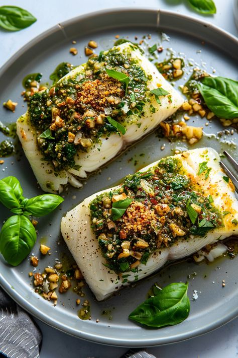 Mouthwatering Keto Chilean Seabass Recipe with a Crunchy Walnut Pesto Crust #ketodiet #ketorecipes #lowcarb Keto Sea Bass Recipe, Thai Seabass Recipe, Walnut Crusted Fish, Seabass Recipe, Best Chilean Sea Bass Recipe, Pesto Sea Bass Recipes, Sea Bass Mediterranean, Walnut Crust, Sea Bass Recipes