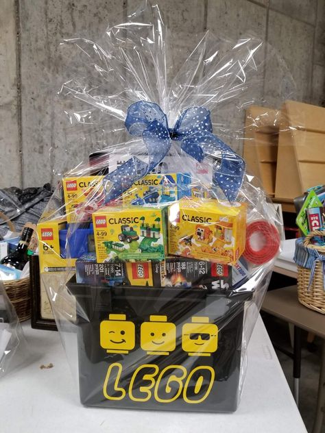 Lego Christmas Gifts, Theme Baskets, Auction Basket, Auction Baskets, Raffle Basket, Lego Gifts, Lego Christmas, Themed Gift Baskets, On The Bright Side