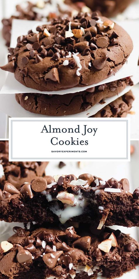 If Almond Joy is your favorite candy bars you will love these EASY Almond Joy Cookies full of chocolate and coconut flavor! Almond Joy Recipes, Almond Joy Desserts, Almond Joy Cookies Recipe, Almond Joy Cookies 4 Ingredients, Almond Joy Truffles Recipe, Almond Joy Cake, Cardamom Cookies, Amazing Cookie Recipes, Fabulous Desserts