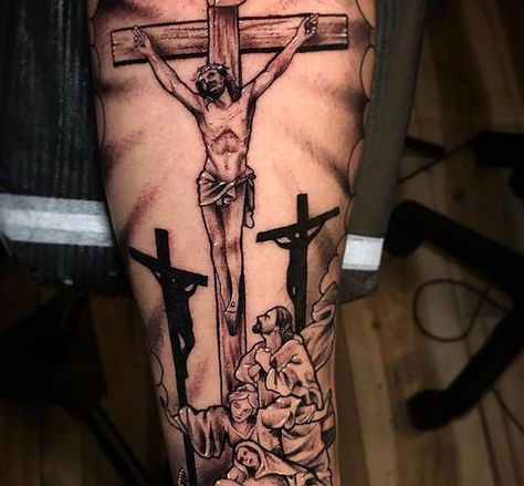 Three cross with Jesus arm tattoo Three Crosses Tattoo, Jesus On Cross Tattoo, Crosses Tattoo, Cross Tattoo On Hand, Jesus Tattoo Design, Simple Cross Tattoo, Dove Tattoo Design, Three Crosses, Dove Tattoo