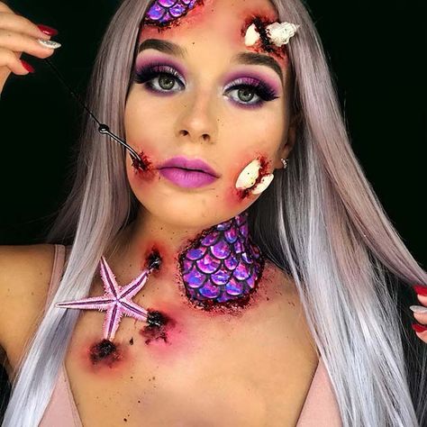 Scary Mermaid, Little Mermaid Makeup, Makeup Ideas For Halloween, Mermaid Makeup Halloween, Halloween Fx, Mermaid Halloween Costumes, Halloween Makeup Ideas, Mermaid Halloween, Amazing Halloween Makeup