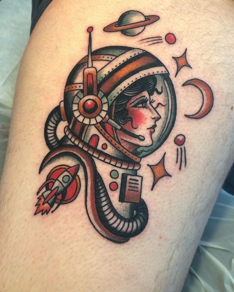 Matt Houston on Instagram: “Space girl for Ryan or zoomed in from Calgary to pick up this piece!” Rocket Tattoo, Abstract Tattoo Ideas, Cowgirl Tattoos, Astronaut Tattoo, Traditional Tattoo Inspiration, American Traditional Tattoo Ideas, Traditional Tattoo Ideas, Traditional Tattoo Designs, Traditional Style Tattoo