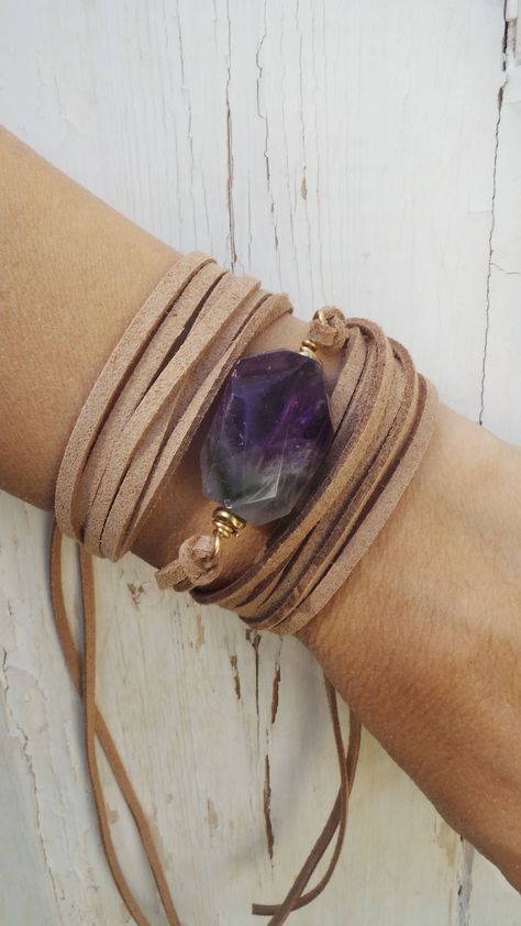 Gemstone Wrap Bracelet, Diy Leather Bracelet, Nugget Bracelet, Boho Wrap Bracelet, Leather Jewellery, Bracelet Gemstone, Boho Bracelet, Bracelet Boho, Hippie Jewelry