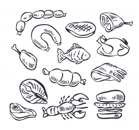 Meat doodle illustration set | Premium Vector #Freepik #vector #food #party #restaurant #fish Meat Drawing Easy, Fish Food Drawing, Meat Illustrations, Sausage Illustration, Meat Illustration, Meat Drawing, Meat Art, Sushi Fish, Restaurant Fish