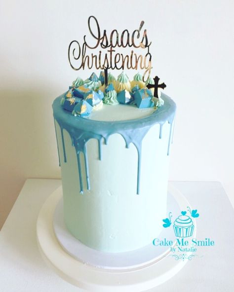 Baby boy christening drip double barrel cake - 6 layers of white choc vanilla mud cake with salted caramel buttercream and syrup, handmade chocolates and gold leaf. Cake made By "Cake Me Smile By Natalie" Perth Western Australia Baptismal Cake Boy Simple, Baptismal Cake Boy Buttercream, Blue Cake With Chocolate Drip, Baptismal Cake Boy One Layer, Baby Boy Christening Cake, Baby Christening Cakes, Baptism Cake Boy Catholic, Baptism Cake Boy, Double Barrel Cake