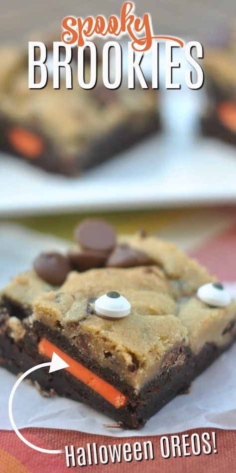 A rich, fudgy layer of Brownies topped with Halloween Oreos and Chocolate Chip cookie dough. Candy eyes add the perfect touch of spookiness to these Halloween Brookies! Pecan Pie Cheesecake Bars Recipe, Pecan Pie Cheesecake Bars, Brookies Recipe, Halloween Oreos, Chocolate Pudding Cake, Shugary Sweets, Dirt Cake, Peanut Butter No Bake, Cheesecake Bar Recipes